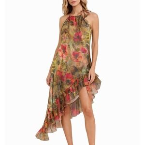 Y2k Agua Esmeralda Dress M Floral Halter Asymmetrical Ruffle Italy Resort